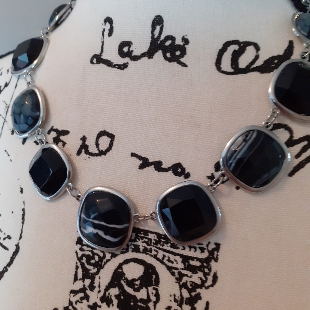 Black Square Stone And Silver Statement Necklace - image 1